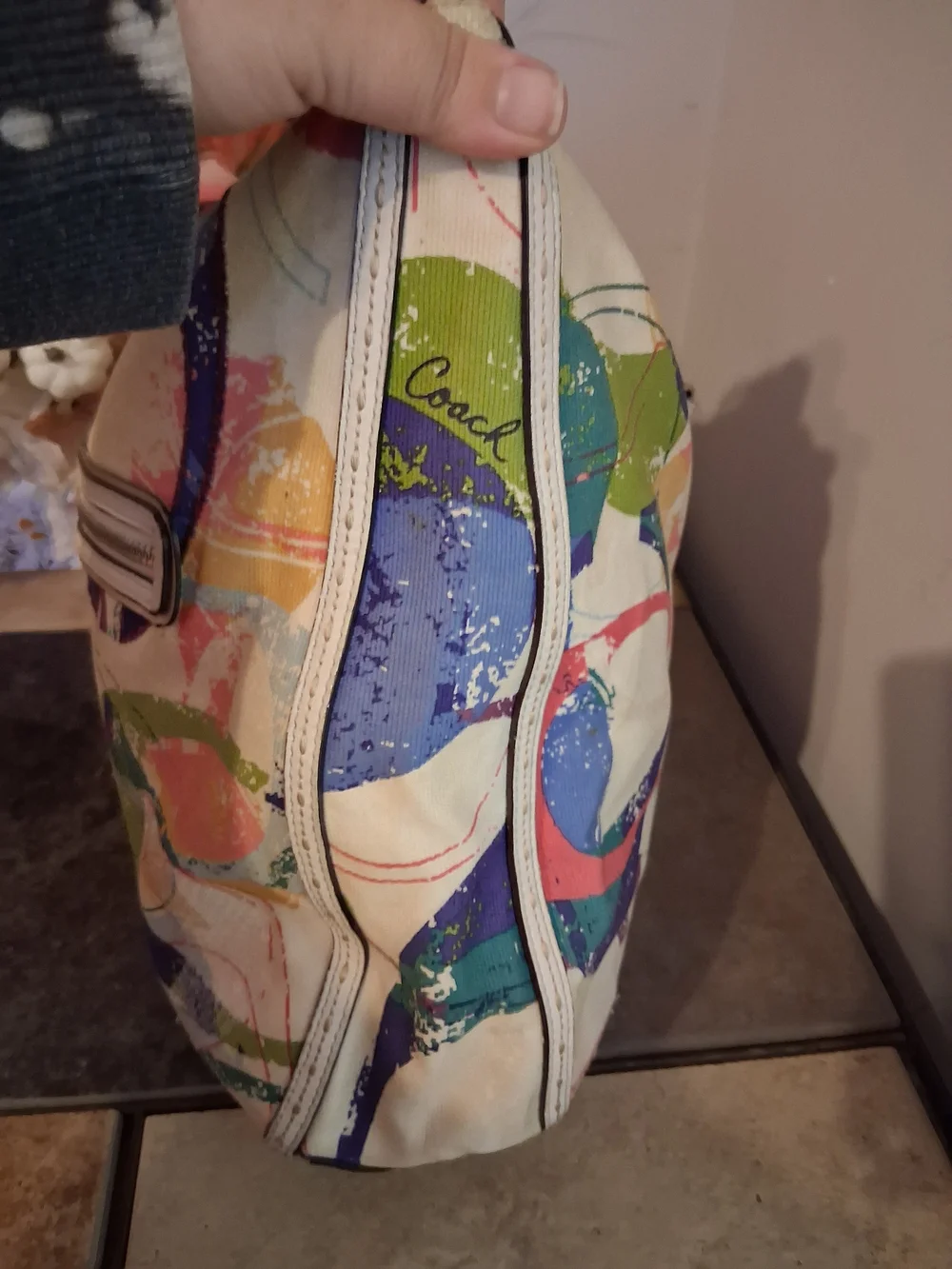 Coach Multicolor Canvas Shoulder Bag with White Leather Trim